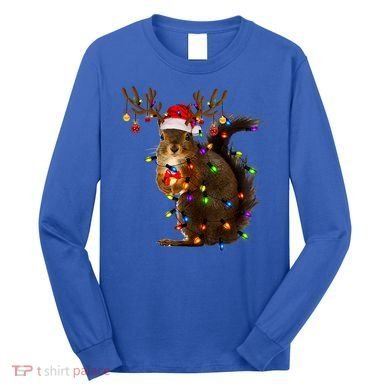 Funny Squirrel Christmas Tree Lights Reindeer Santa Hat Xmas Gift Long Sleeve Shirt