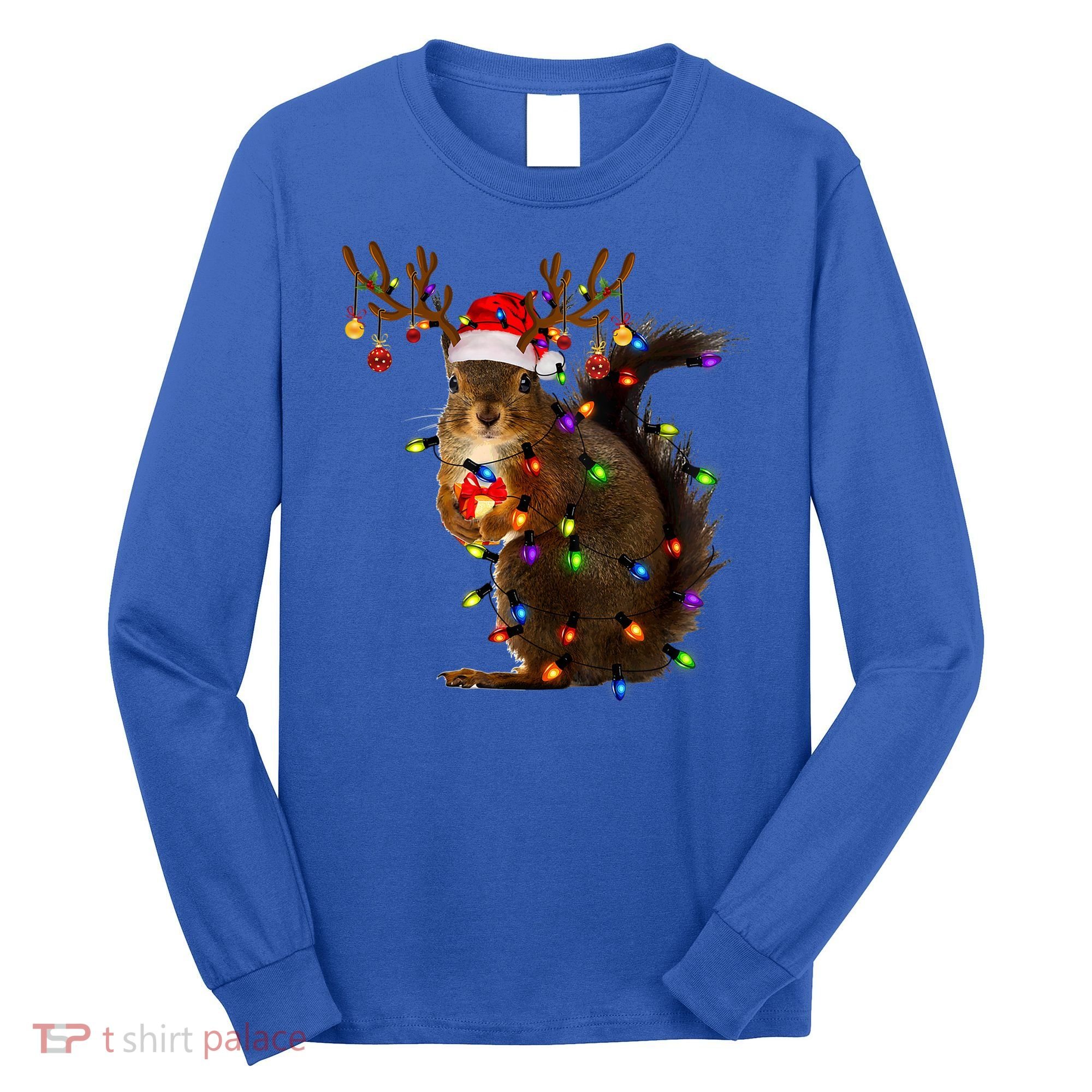 Funny Squirrel Christmas Tree Lights Reindeer Santa Hat Xmas Gift Long Sleeve Shirt
