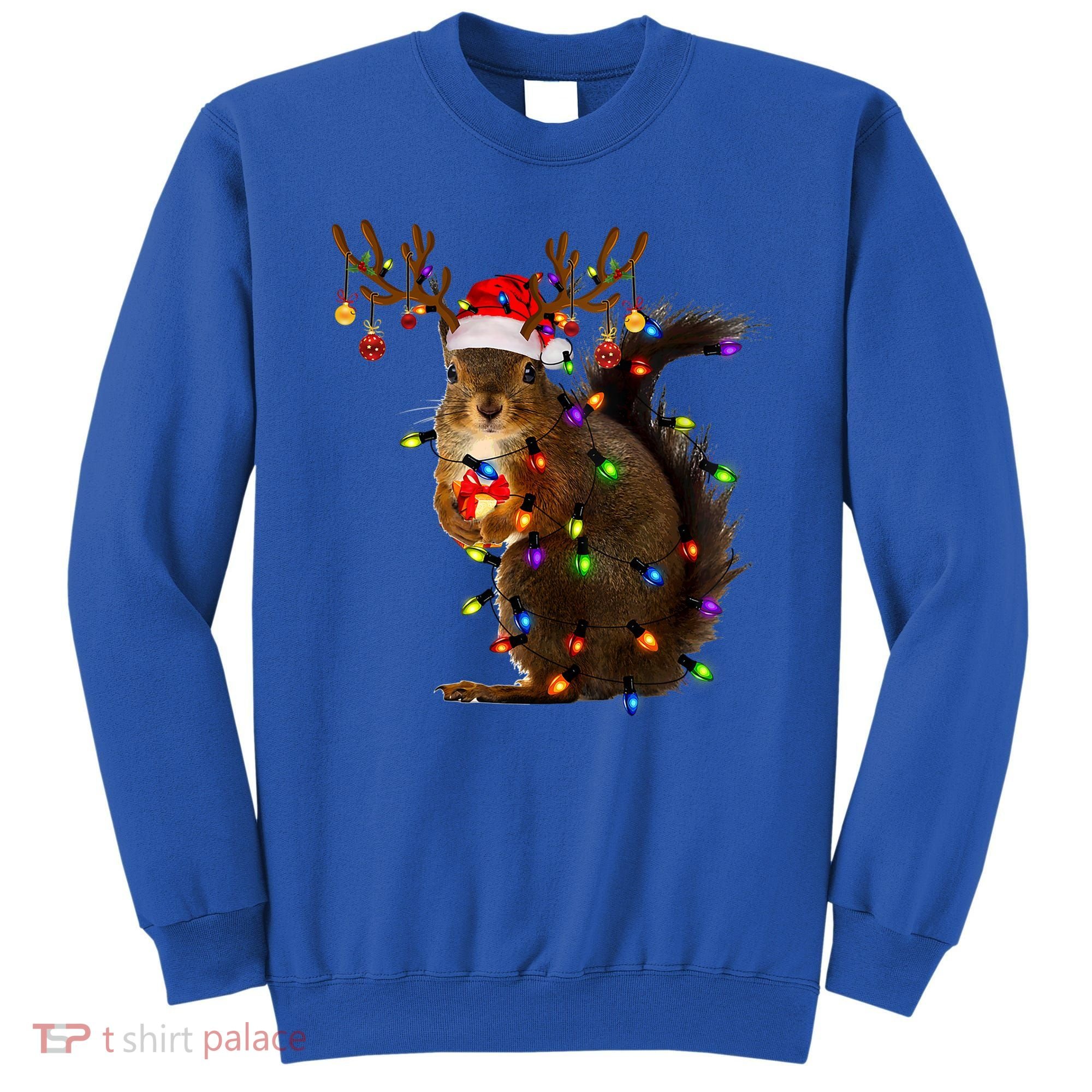 Funny Squirrel Christmas Tree Lights Reindeer Santa Hat Xmas Gift Sweatshirt