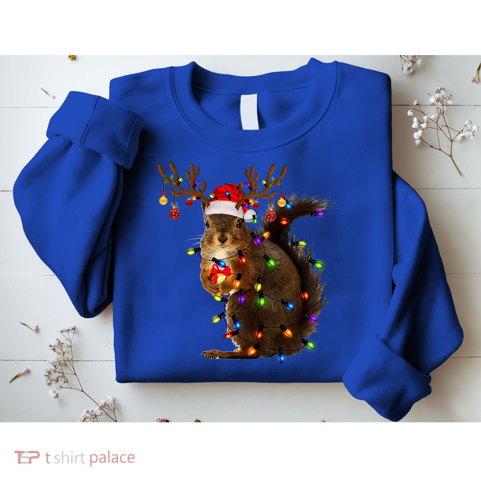 Funny Squirrel Christmas Tree Lights Reindeer Santa Hat Xmas Gift Sweatshirt