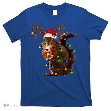 Funny Squirrel Christmas Tree Lights Reindeer Santa Hat Xmas Gift T-Shirt