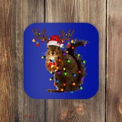 Funny Squirrel Christmas Tree Lights Reindeer Santa Hat Xmas Gift Coaster