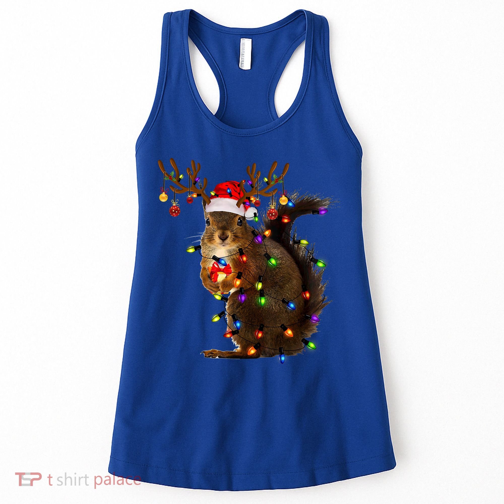 Funny Squirrel Christmas Tree Lights Reindeer Santa Hat Xmas Gift Women's Tank Top