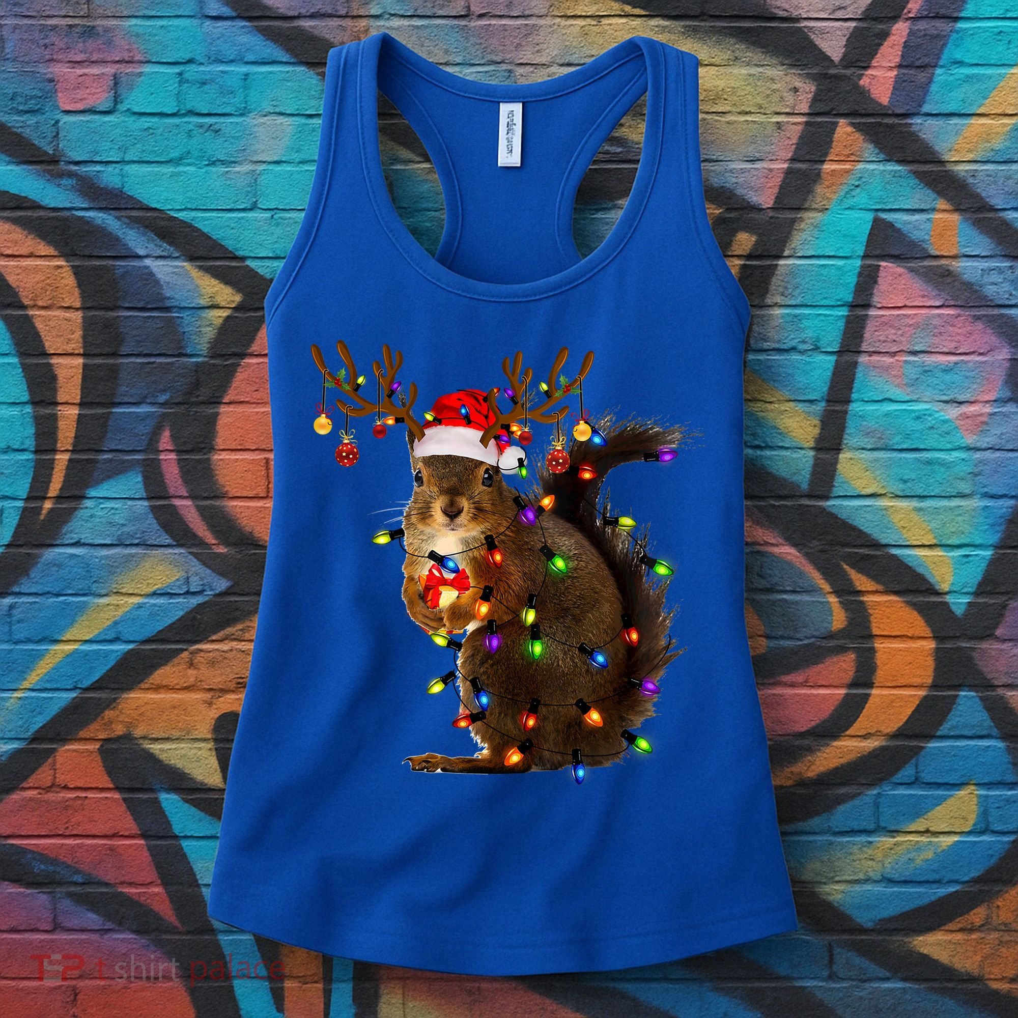 Funny Squirrel Christmas Tree Lights Reindeer Santa Hat Xmas Gift Women's Tank Top