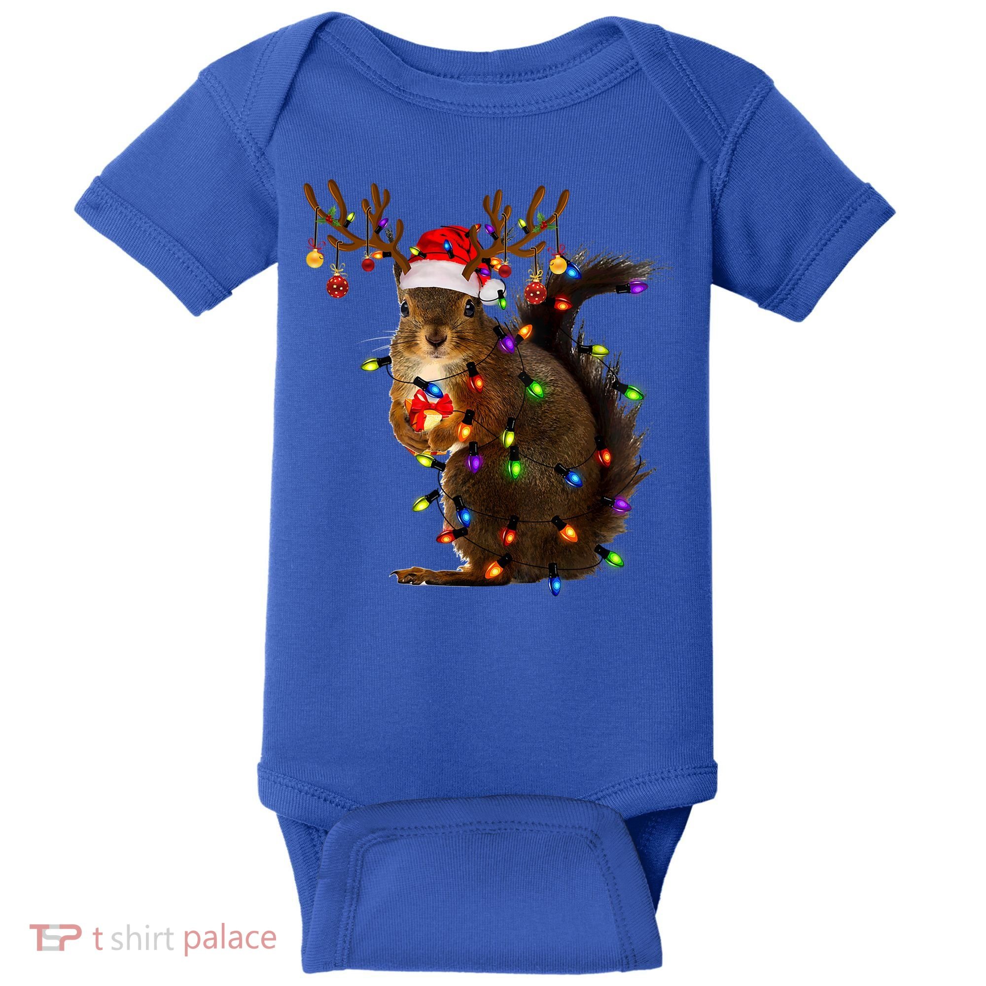 Funny Squirrel Christmas Tree Lights Reindeer Santa Hat Xmas Gift Baby Bodysuit