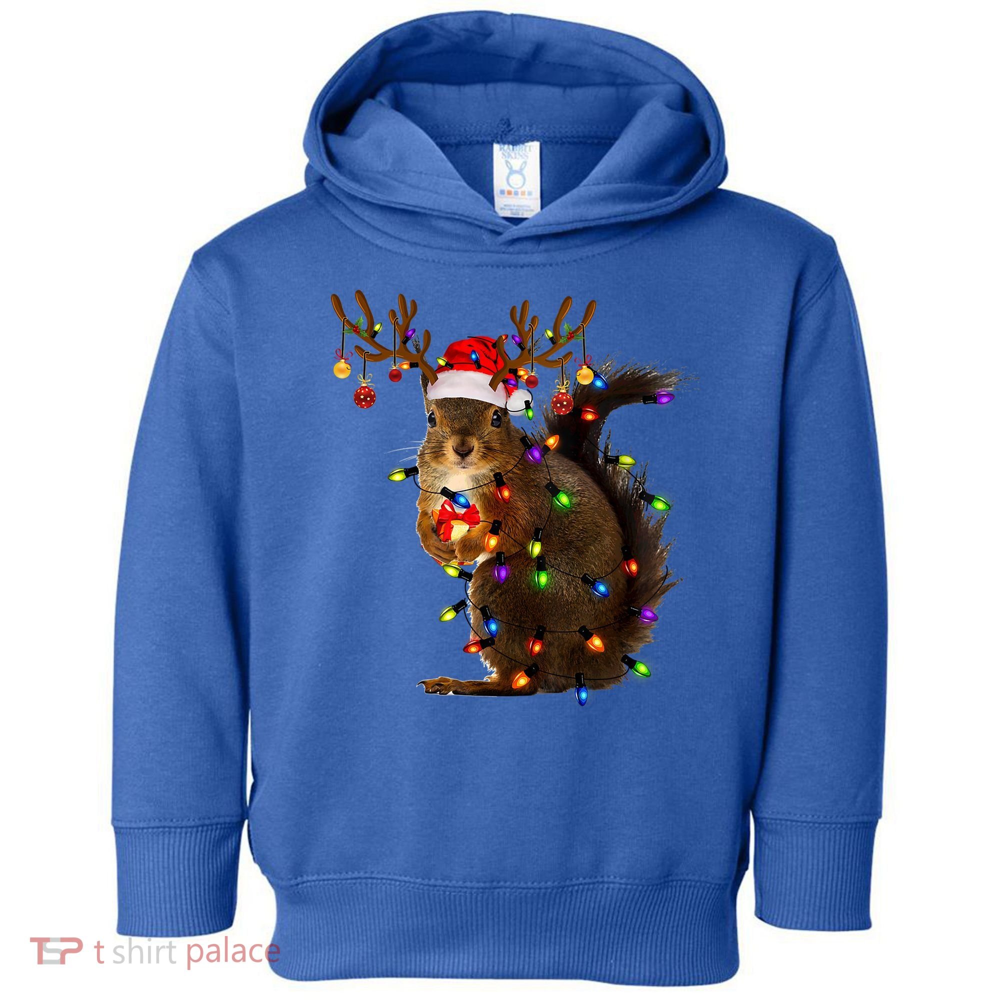Funny Squirrel Christmas Tree Lights Reindeer Santa Hat Xmas Gift Toddler Hoodie