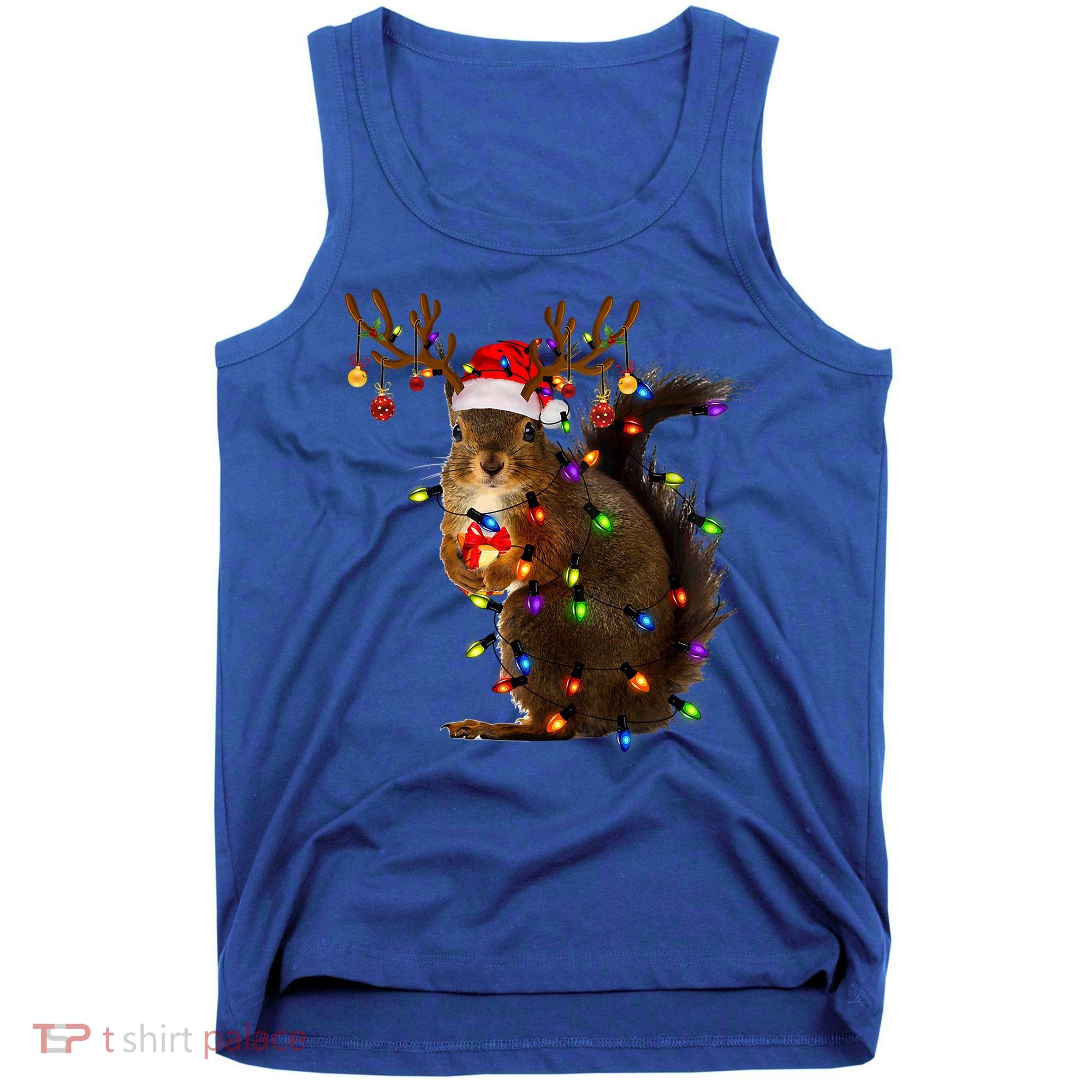 Funny Squirrel Christmas Tree Lights Reindeer Santa Hat Xmas Gift Tank Top