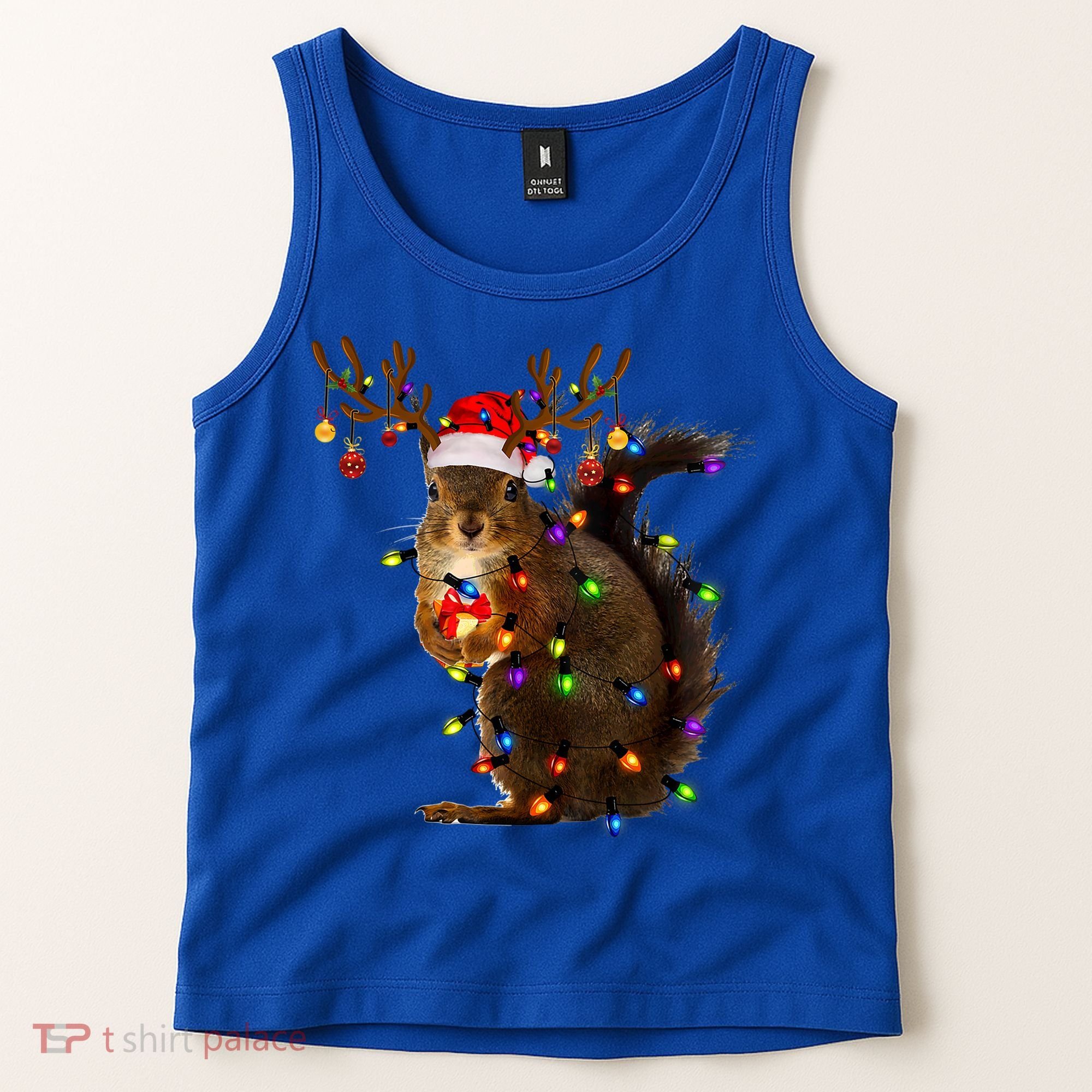 Funny Squirrel Christmas Tree Lights Reindeer Santa Hat Xmas Gift Tank Top