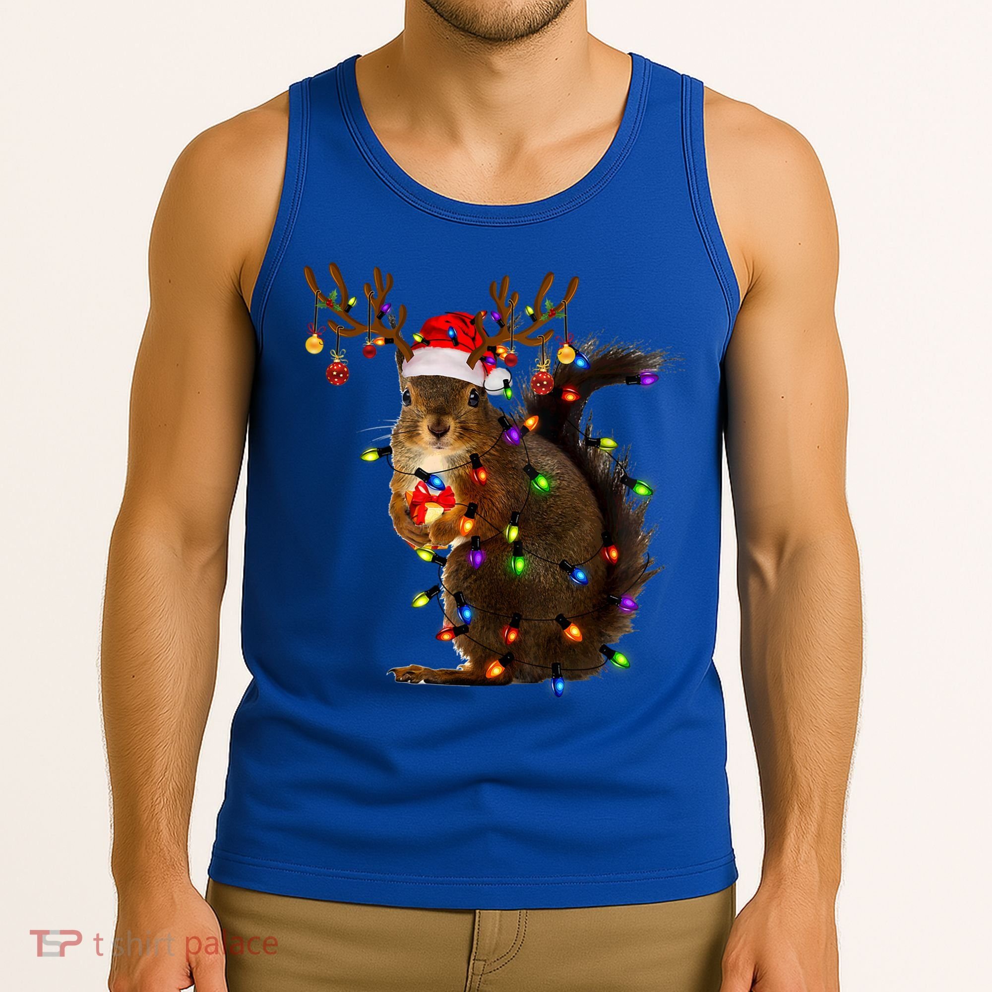 Funny Squirrel Christmas Tree Lights Reindeer Santa Hat Xmas Gift Tank Top