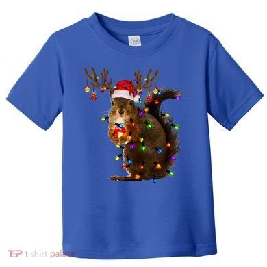 Funny Squirrel Christmas Tree Lights Reindeer Santa Hat Xmas Gift Toddler T-Shirt
