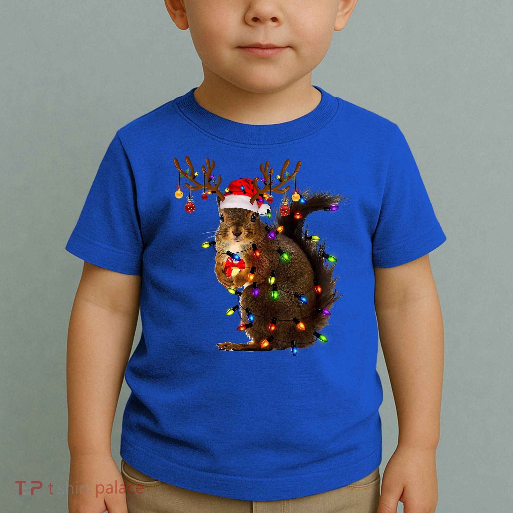 Funny Squirrel Christmas Tree Lights Reindeer Santa Hat Xmas Gift Toddler T-Shirt