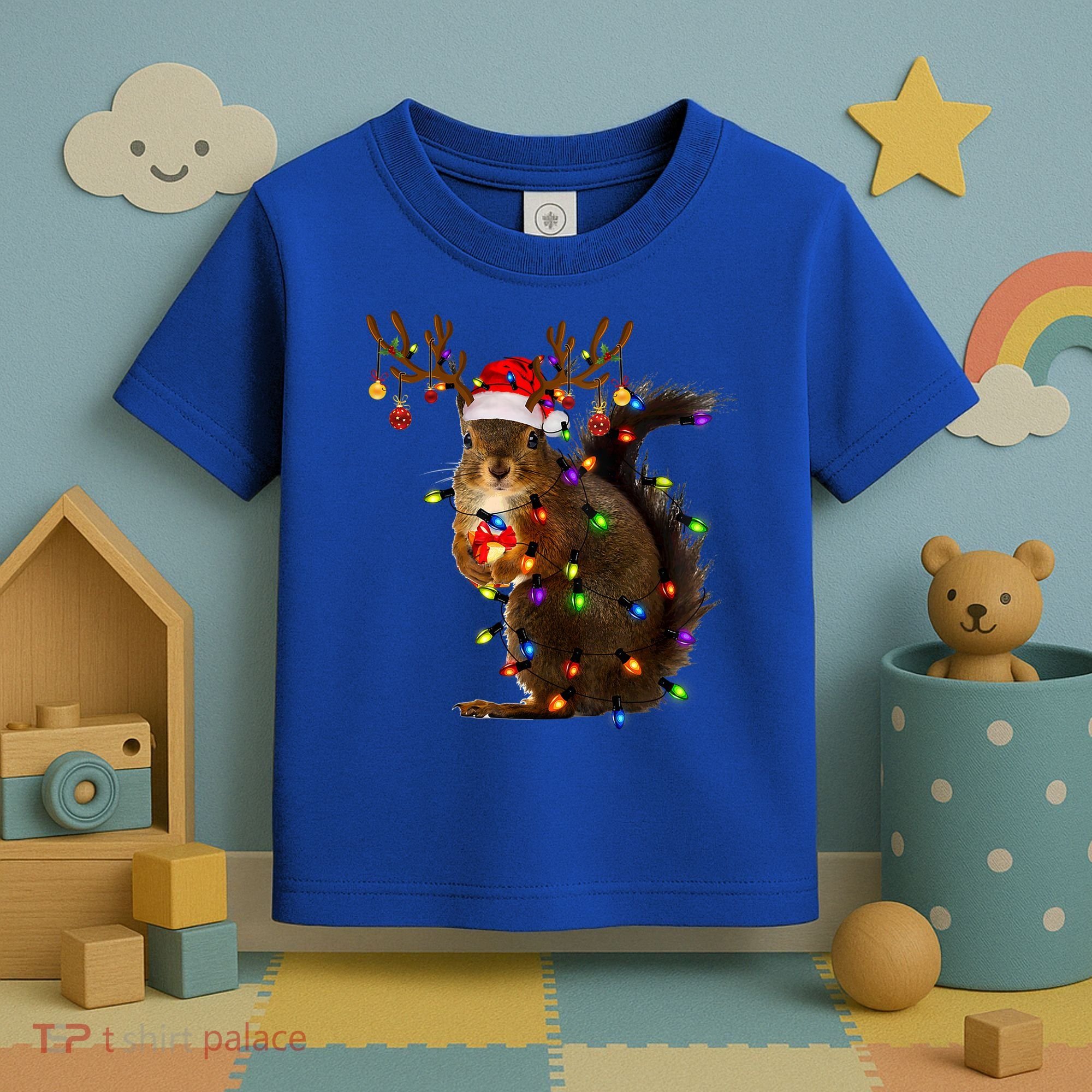 Funny Squirrel Christmas Tree Lights Reindeer Santa Hat Xmas Gift Toddler T-Shirt