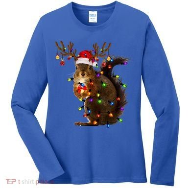 Funny Squirrel Christmas Tree Lights Reindeer Santa Hat Xmas Gift Women's Long Sleeve Shirt