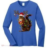 Funny Squirrel Christmas Tree Lights Reindeer Santa Hat Xmas Gift Women's Long Sleeve Shirt thumb 0