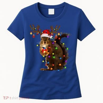 Funny Squirrel Christmas Tree Lights Reindeer Santa Hat Xmas Gift Women's T-Shirt