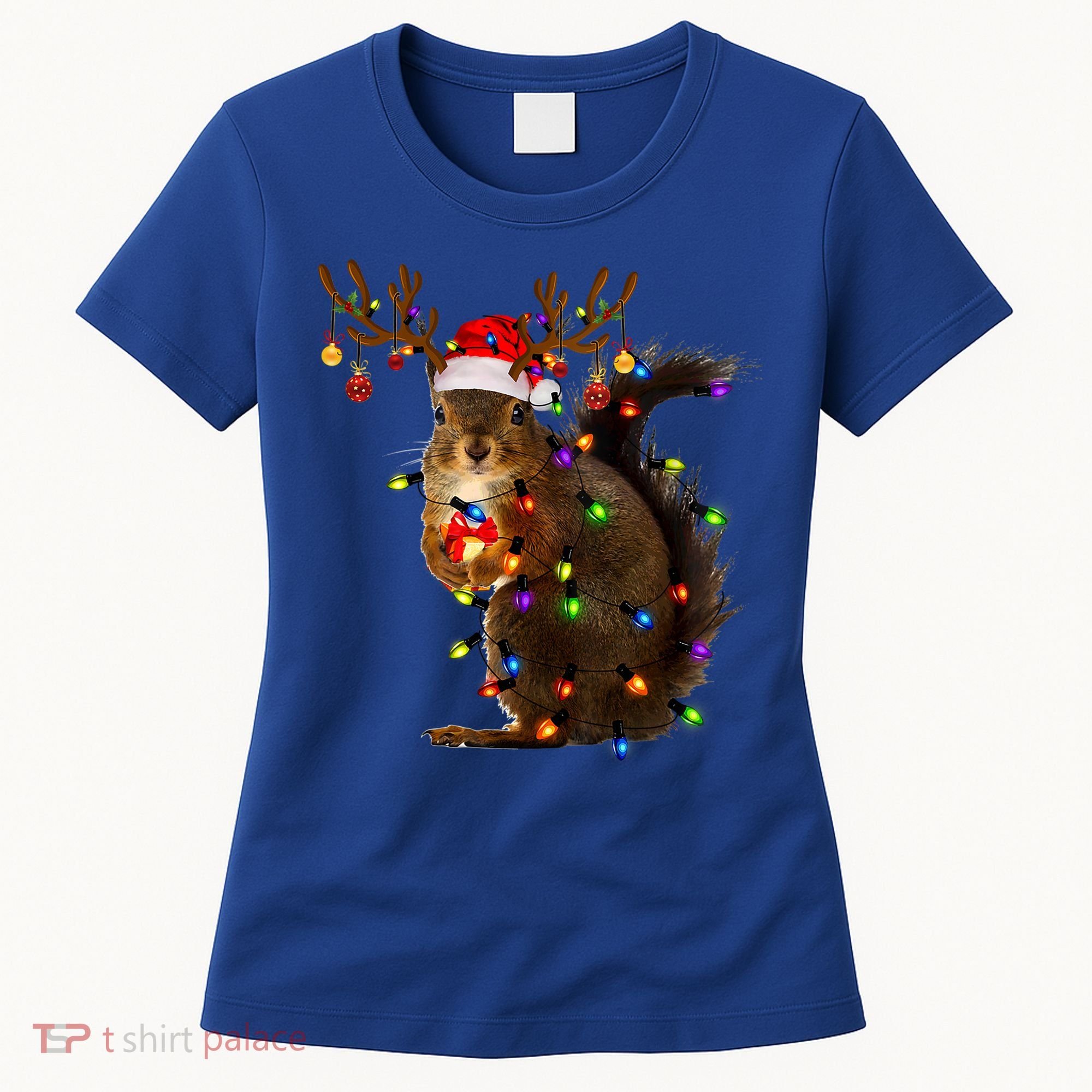 Funny Squirrel Christmas Tree Lights Reindeer Santa Hat Xmas Gift Women's T-Shirt