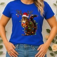 Funny Squirrel Christmas Tree Lights Reindeer Santa Hat Xmas Gift Women's T-Shirt thumb 2
