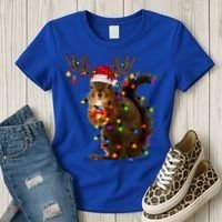 Funny Squirrel Christmas Tree Lights Reindeer Santa Hat Xmas Gift Women's T-Shirt thumb 3
