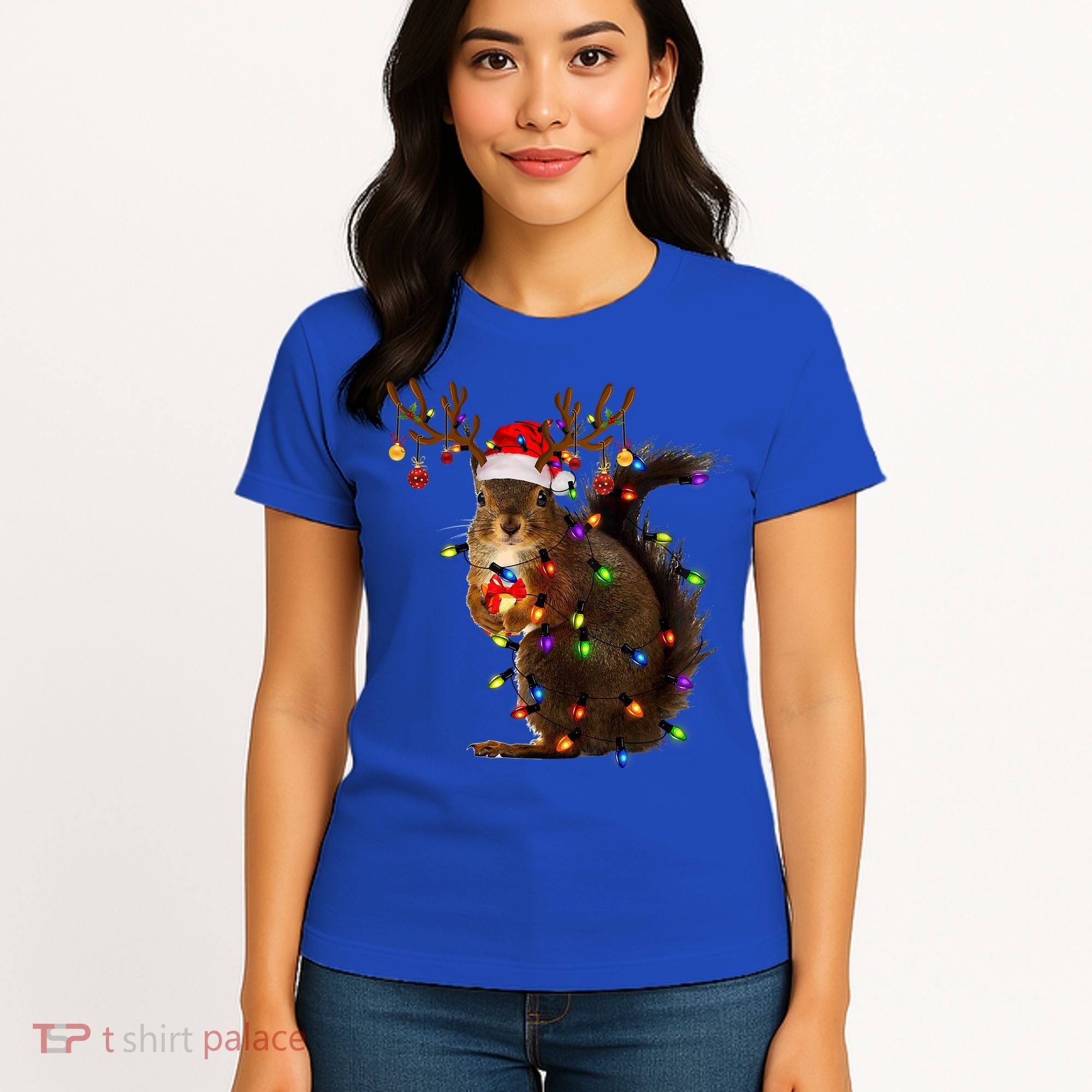 Funny Squirrel Christmas Tree Lights Reindeer Santa Hat Xmas Gift Women's T-Shirt