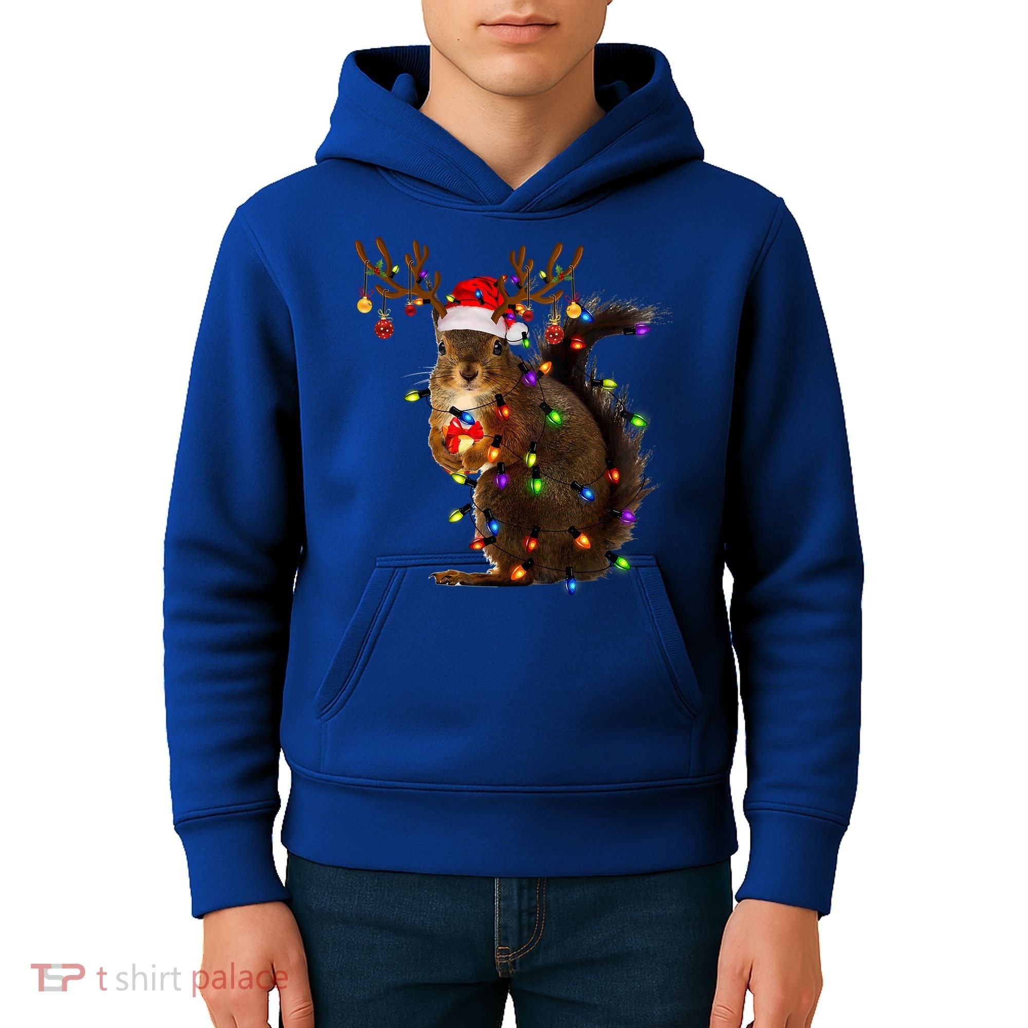 Funny Squirrel Christmas Tree Lights Reindeer Santa Hat Xmas Gift Kids Hoodie