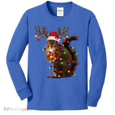 Funny Squirrel Christmas Tree Lights Reindeer Santa Hat Xmas Gift Kids Long Sleeve Shirt