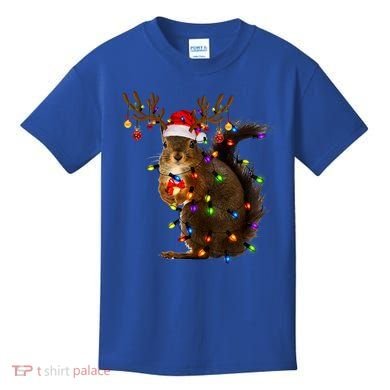 Funny Squirrel Christmas Tree Lights Reindeer Santa Hat Xmas Gift Kids T-Shirt
