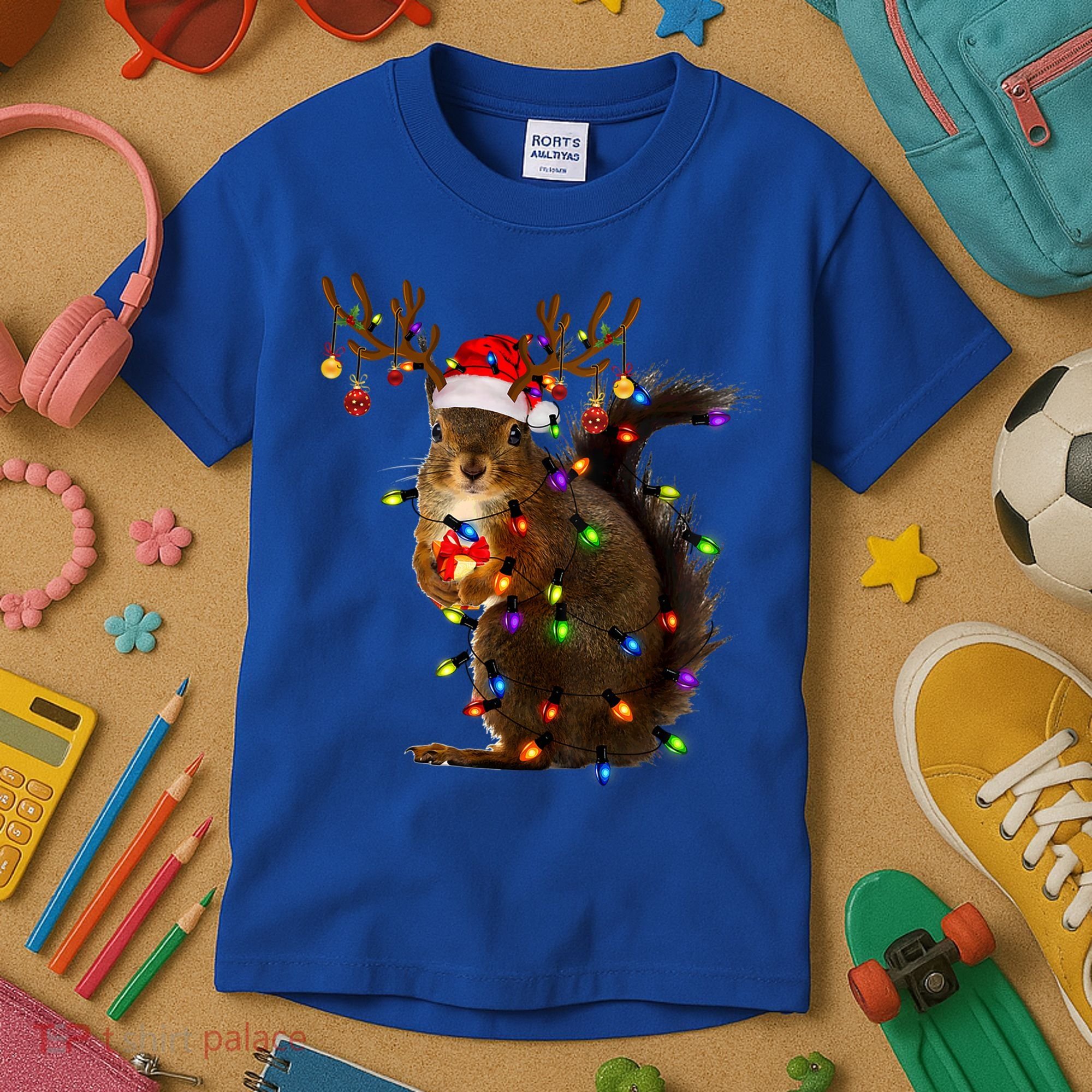 Funny Squirrel Christmas Tree Lights Reindeer Santa Hat Xmas Gift Kids T-Shirt