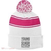 Funny Senior Citizen Reminder Stripe Pom Pom Beanie thumb 0