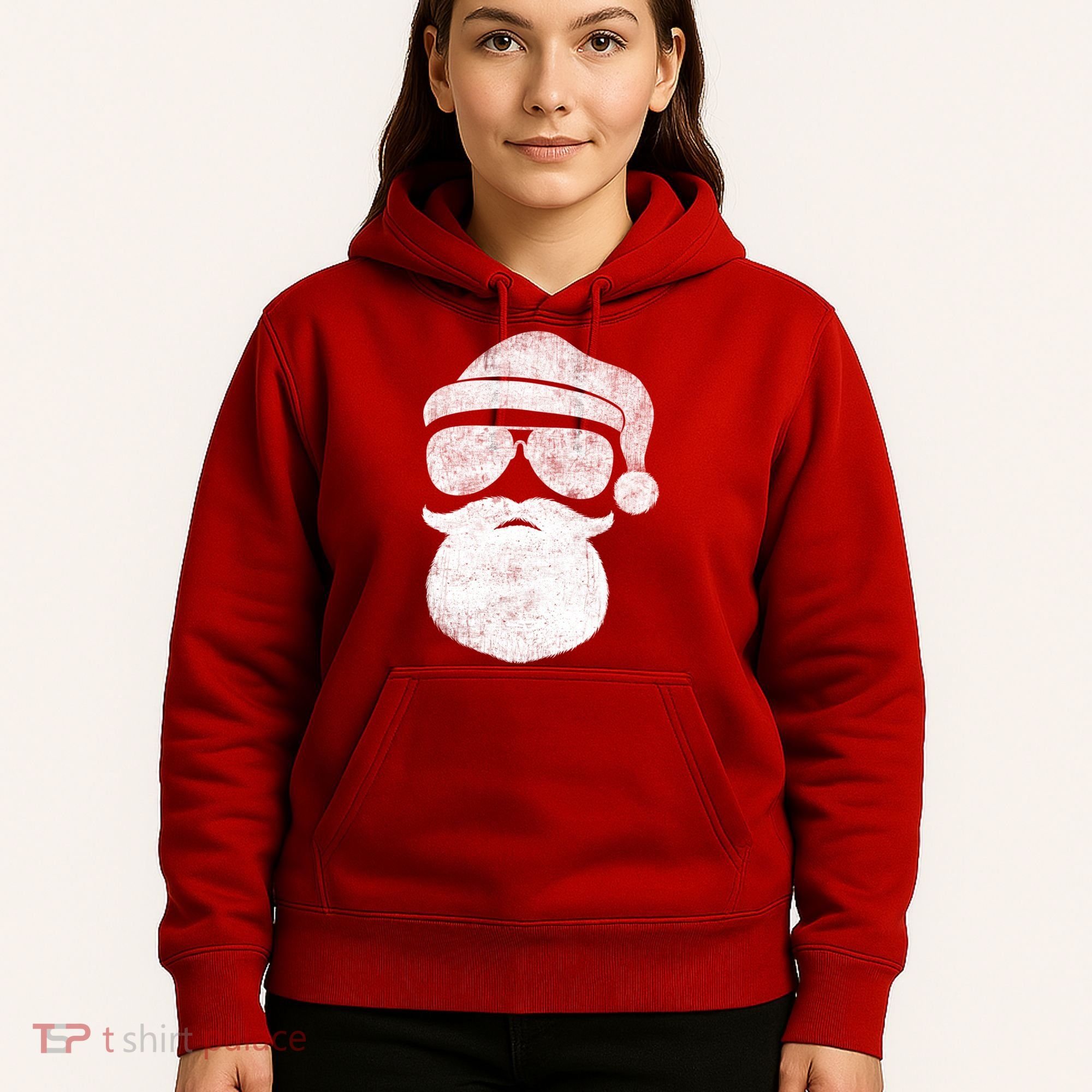Funny Santa Claus Face Sunglasses With Hat Beard Christmas Hoodie