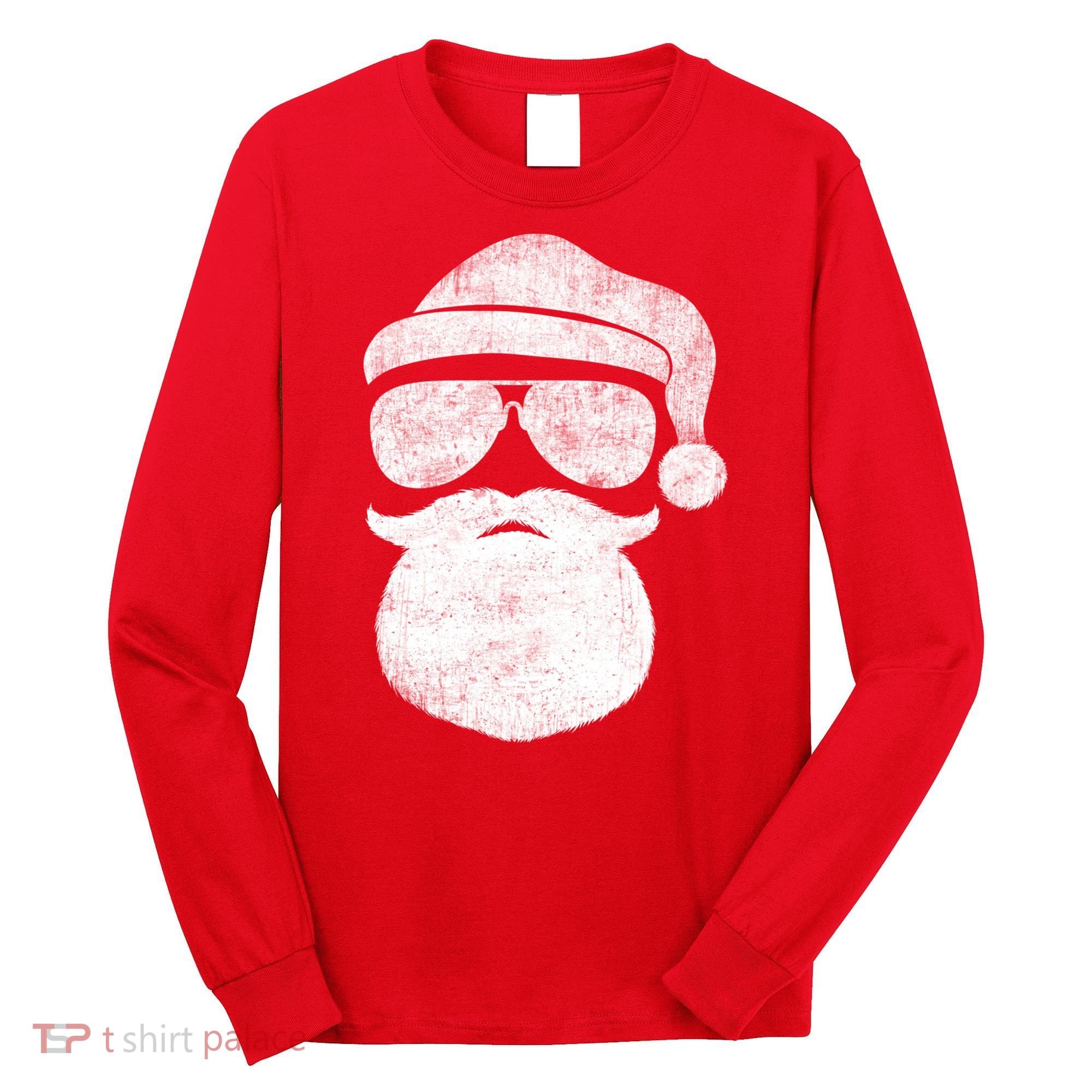 Funny Santa Claus Face Sunglasses With Hat Beard Christmas Long Sleeve Shirt