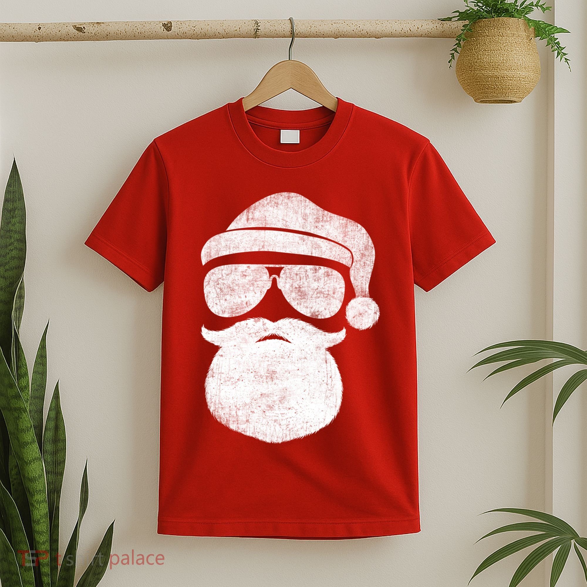 Funny Santa Claus Face Sunglasses With Hat Beard Christmas T-Shirt