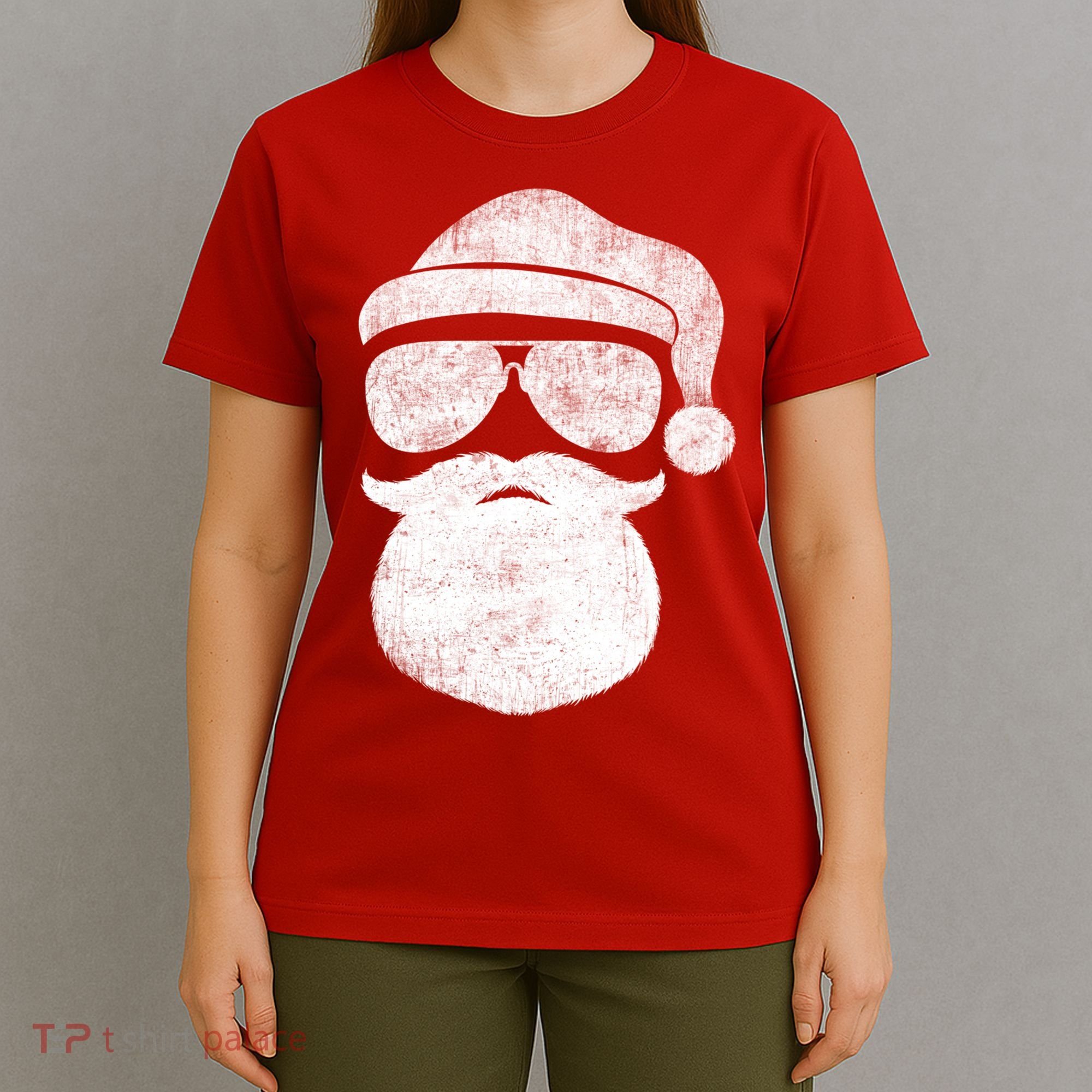 Funny Santa Claus Face Sunglasses With Hat Beard Christmas T-Shirt