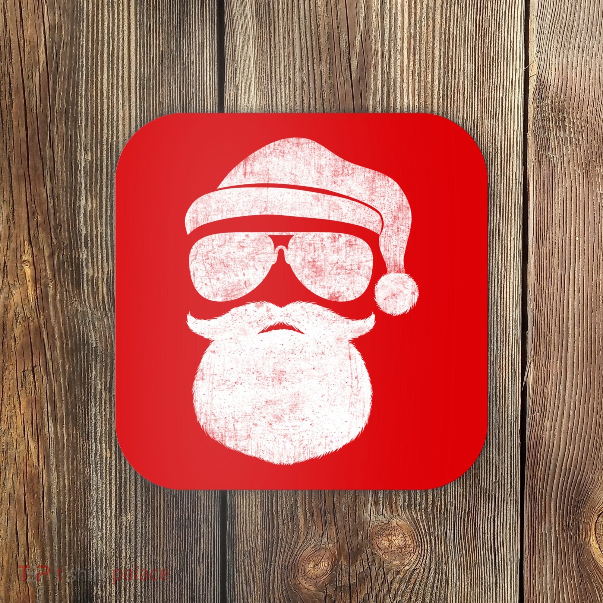 Funny Santa Claus Face Sunglasses With Hat Beard Christmas Coaster