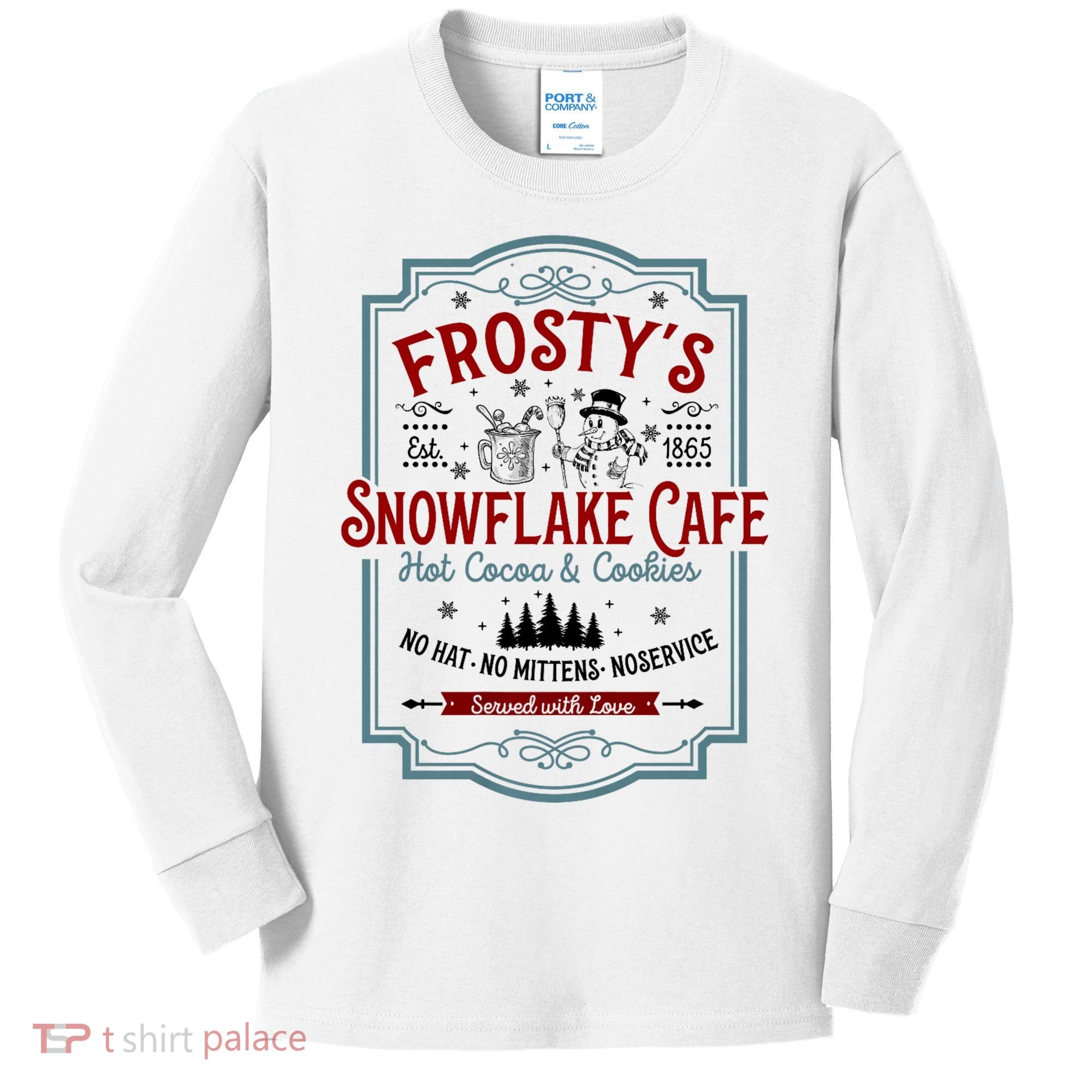 FrostyS Snowflake Cafe With Hot Cocoa And Cookies Christmas Kids Long Sleeve Shirt