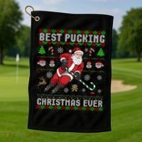 Funny Santa Claus Ugly Christmas Ice Hockey Best Pucking Gift Golf Towel thumb 1