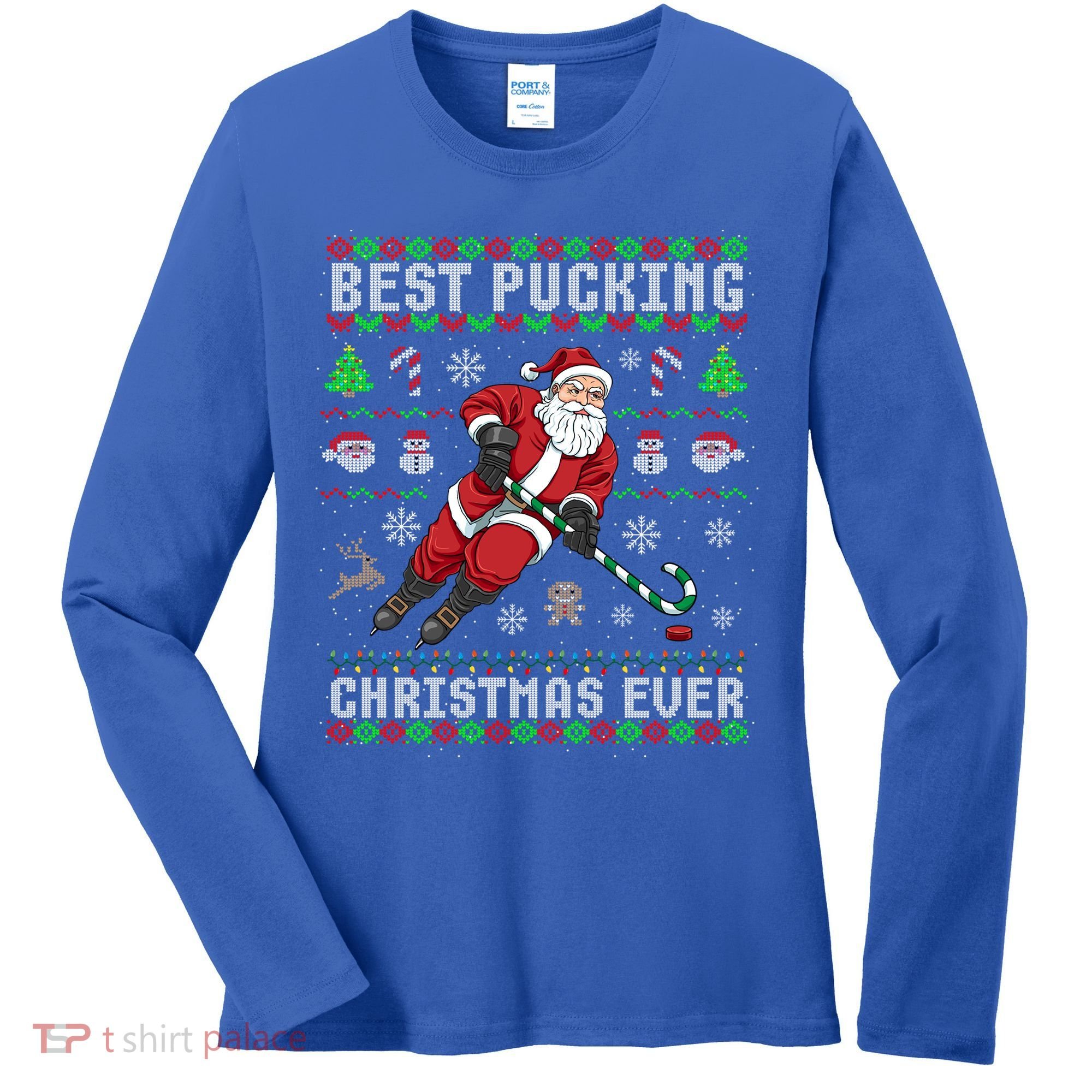 Funny Santa Claus Ugly Christmas Ice Hockey Best Pucking Gift Women's Long Sleeve Shirt