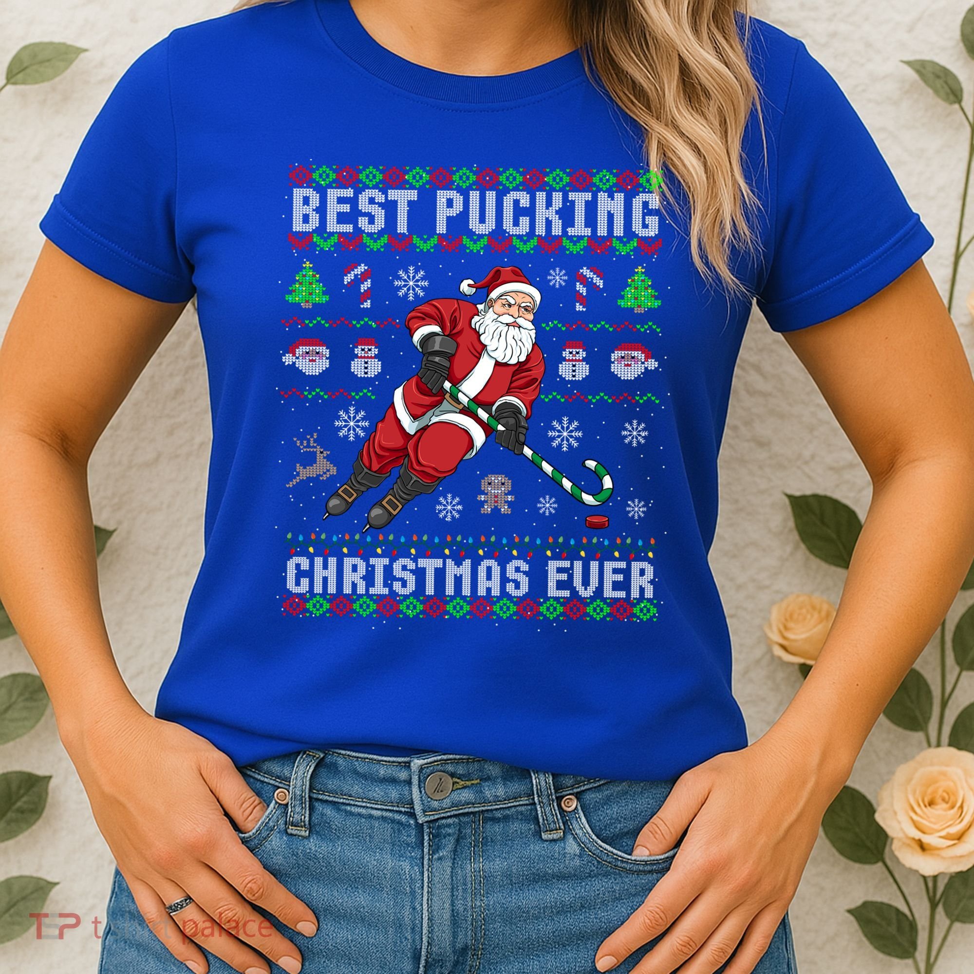 Funny Santa Claus Ugly Christmas Ice Hockey Best Pucking Gift Women's T-Shirt