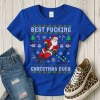 Funny Santa Claus Ugly Christmas Ice Hockey Best Pucking Gift Women's T-Shirt thumb 3