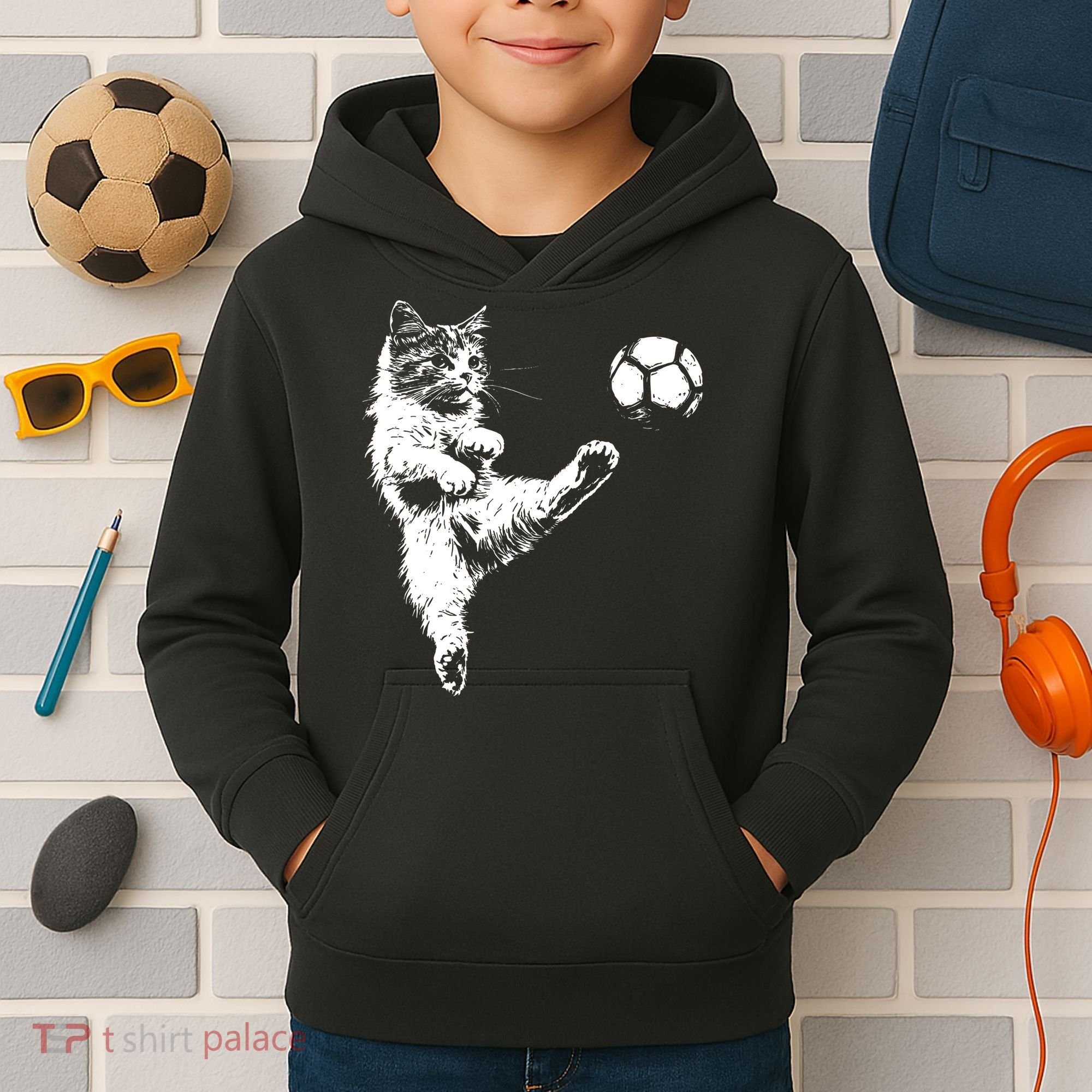Funny Soccer Cat Kids Hoodie