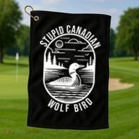 Funny Stupid Canadian Wolf Bird Loon Hockey Wildlife Golf Towel thumb 1