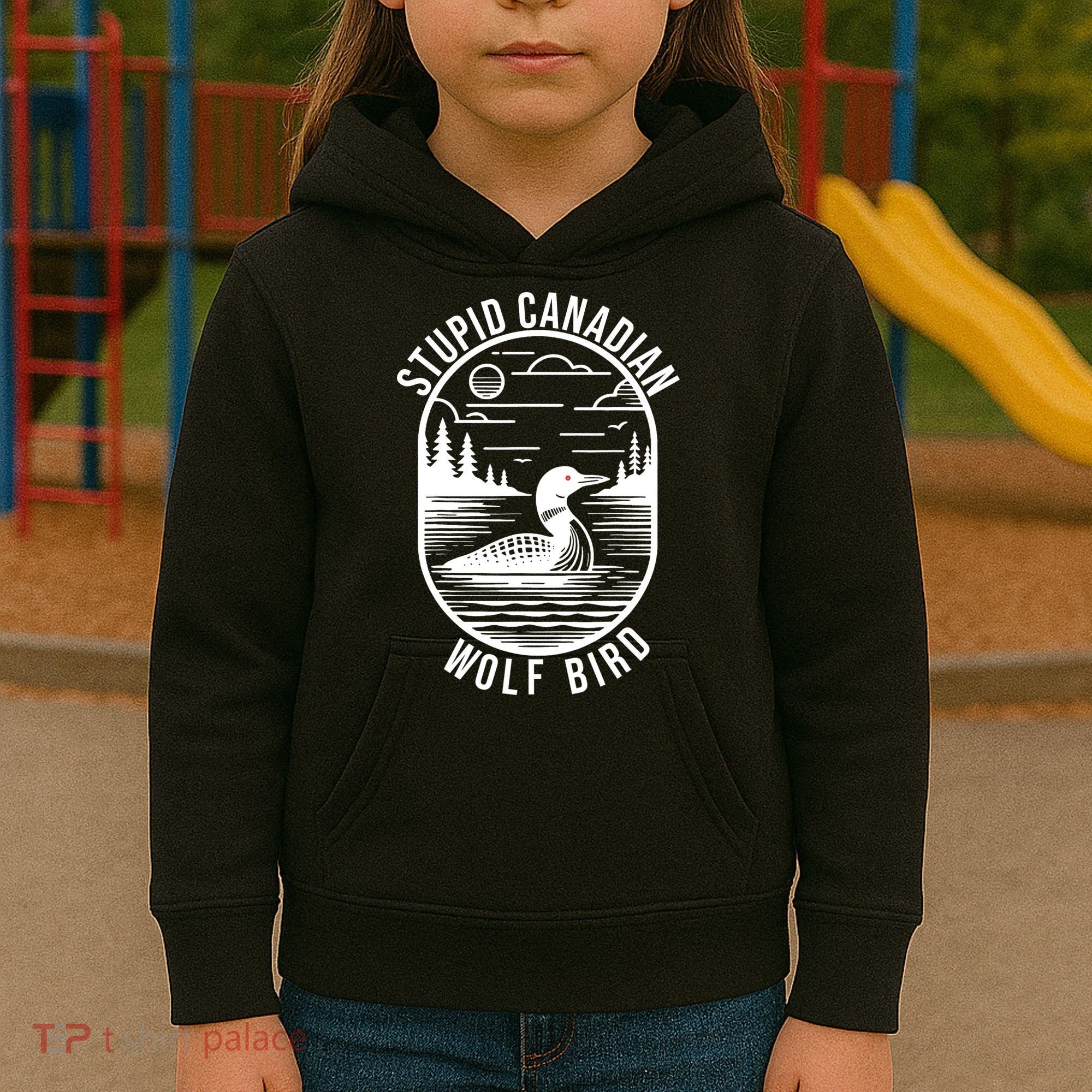 Funny Stupid Canadian Wolf Bird Loon Hockey Wildlife Kids Hoodie