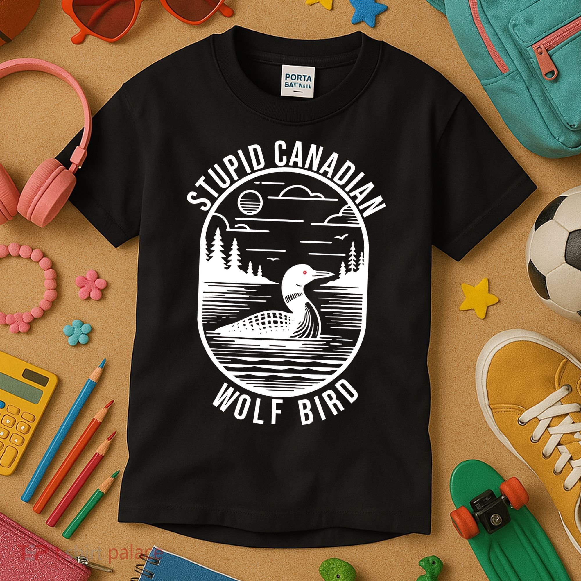 Funny Stupid Canadian Wolf Bird Loon Hockey Wildlife Kids T-Shirt