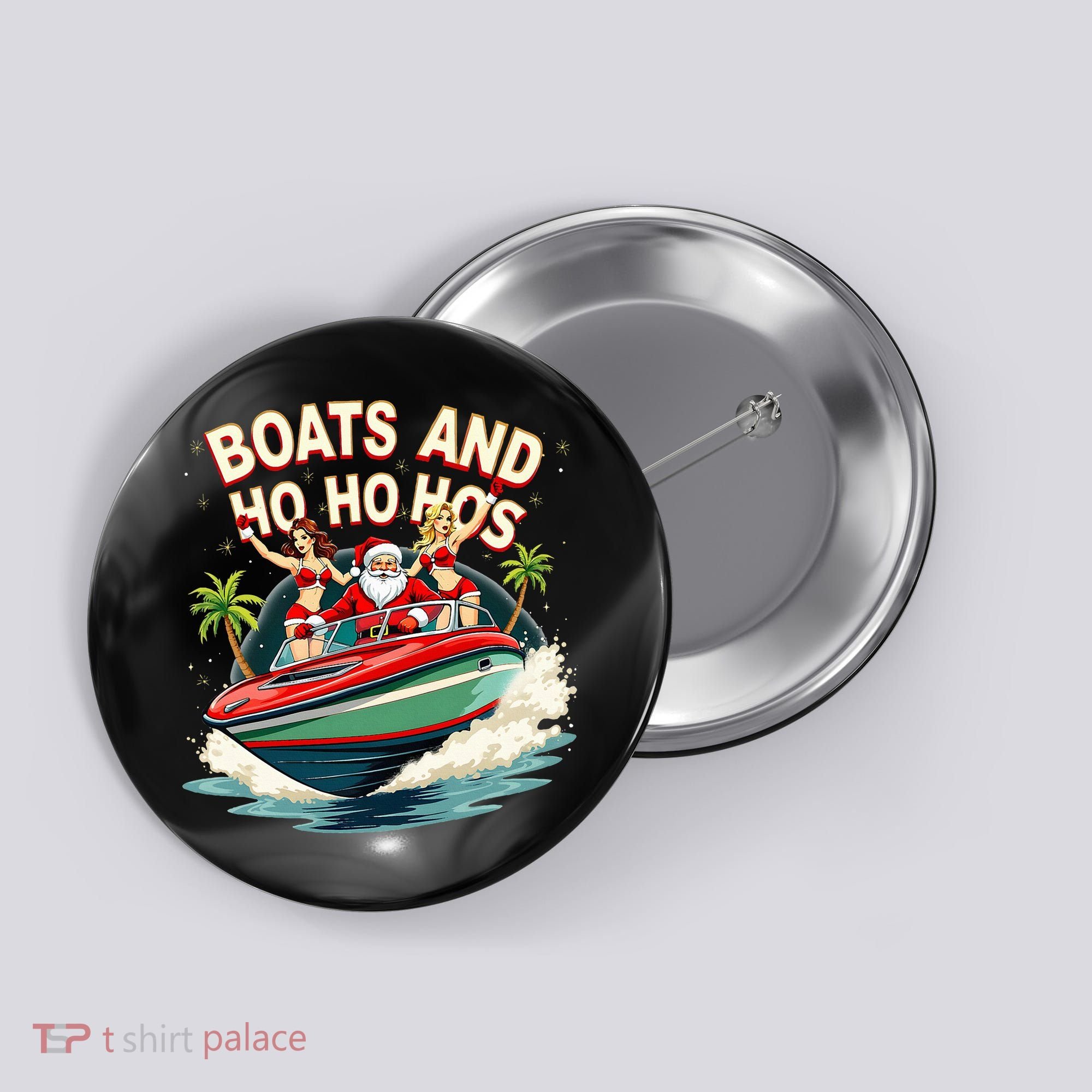 Funny Santa Christmas Boats And Ho Ho Hos Button