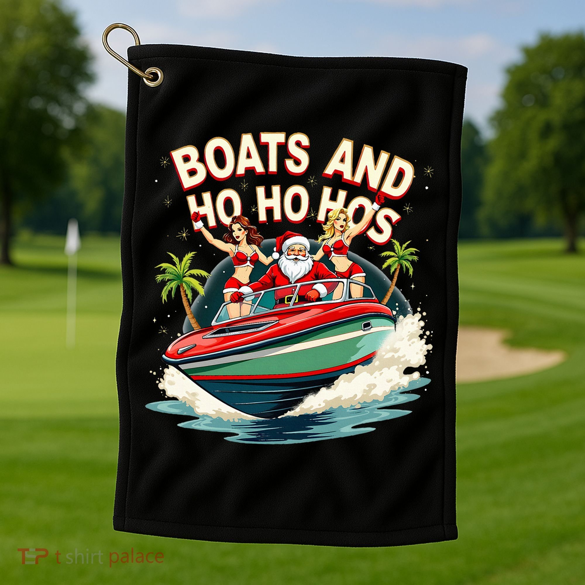Funny Santa Christmas Boats And Ho Ho Hos Golf Towel