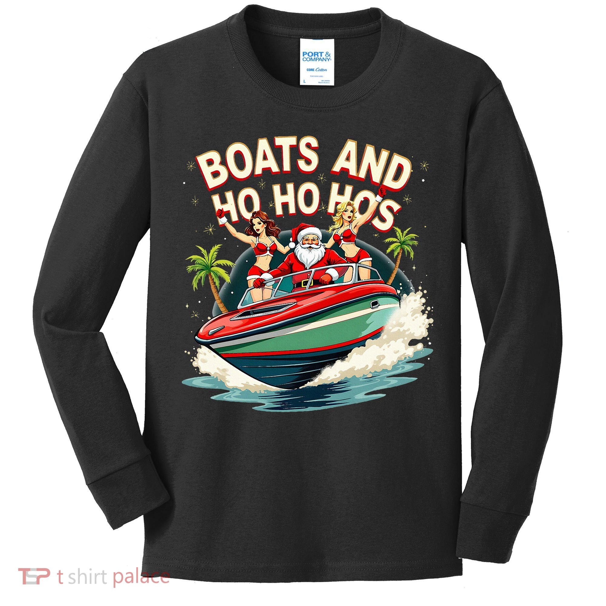 Funny Santa Christmas Boats And Ho Ho Hos Kids Long Sleeve Shirt