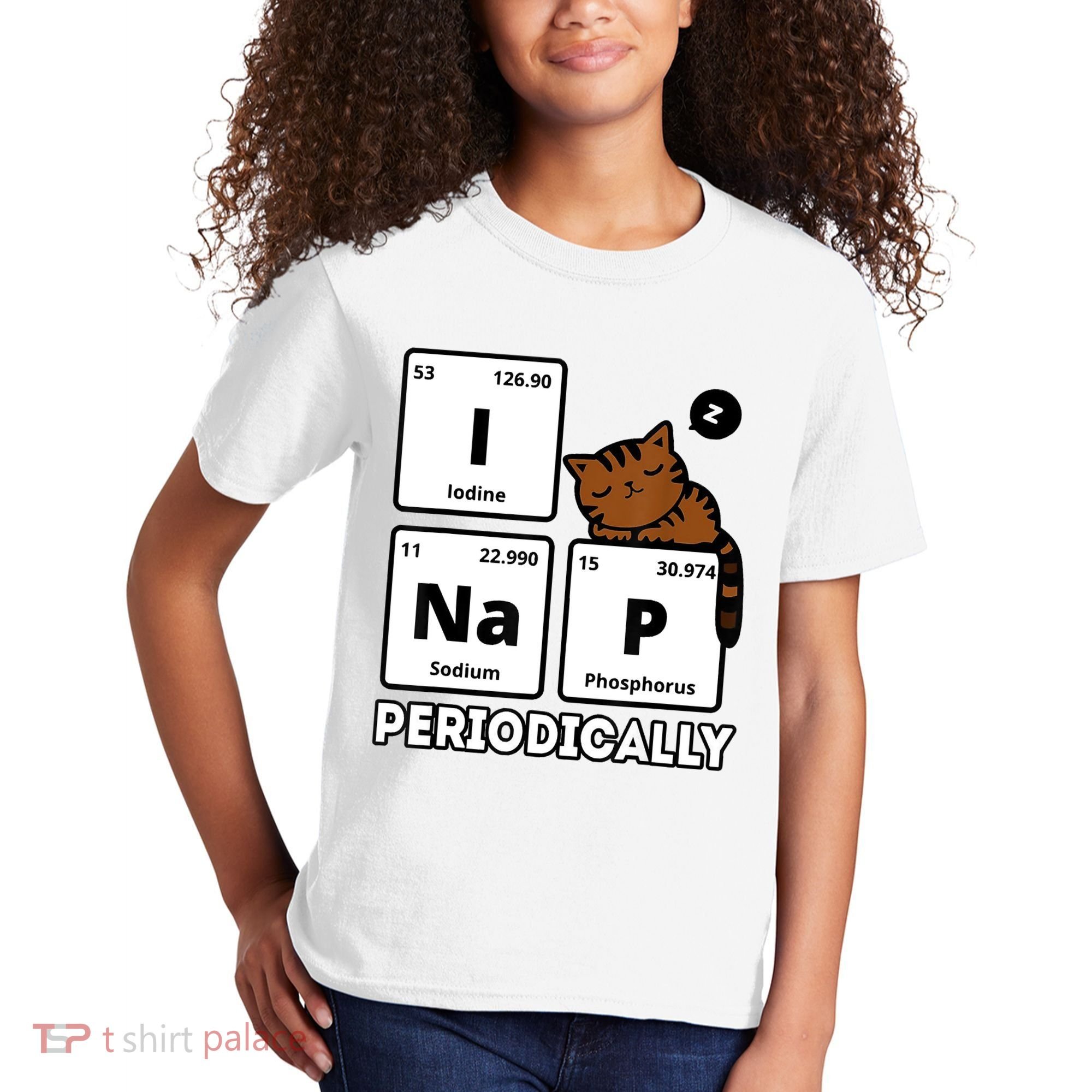 Funny Science Cat I Nap Periodically Cats Lovers Chemistry Kids T-Shirt