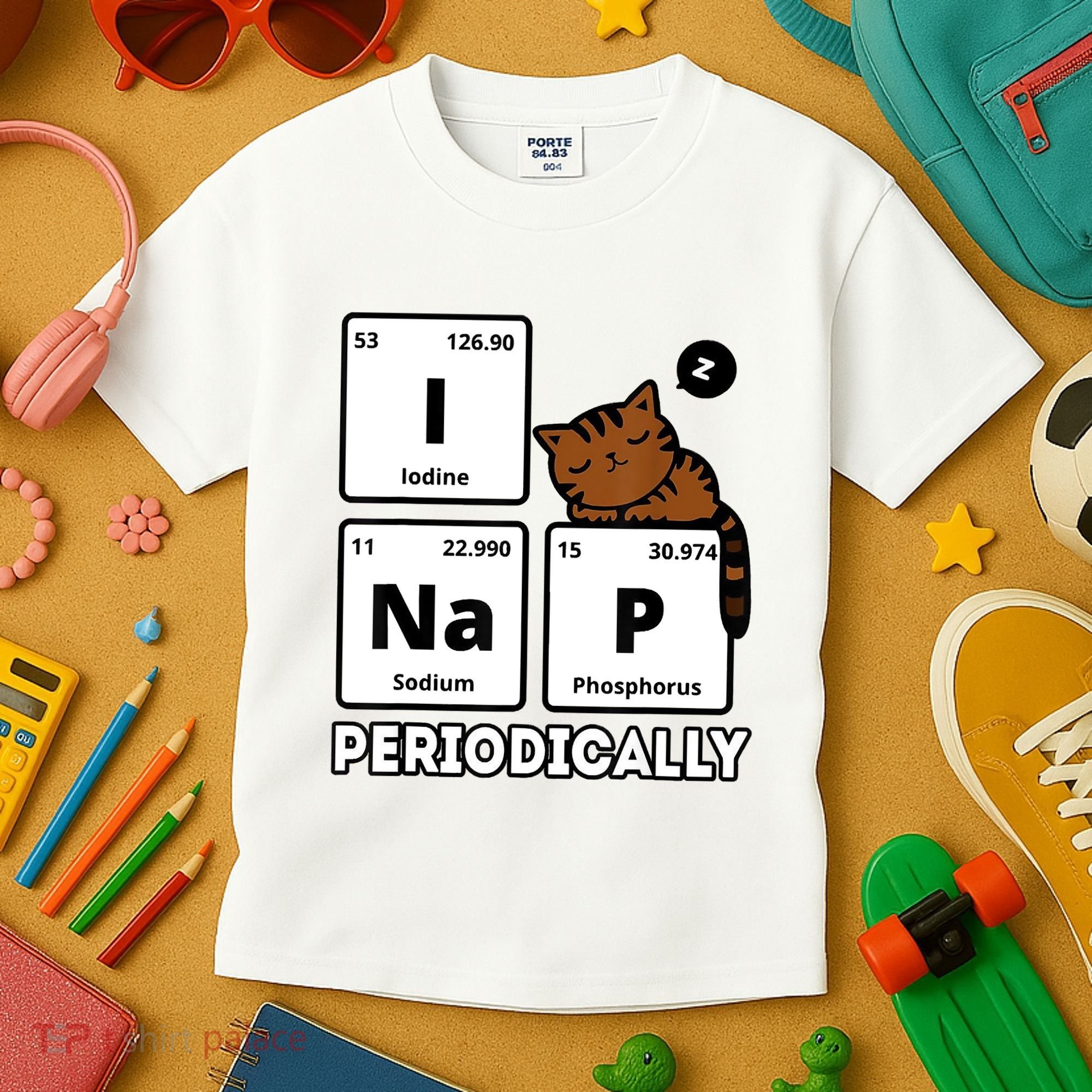 Funny Science Cat I Nap Periodically Cats Lovers Chemistry Kids T-Shirt