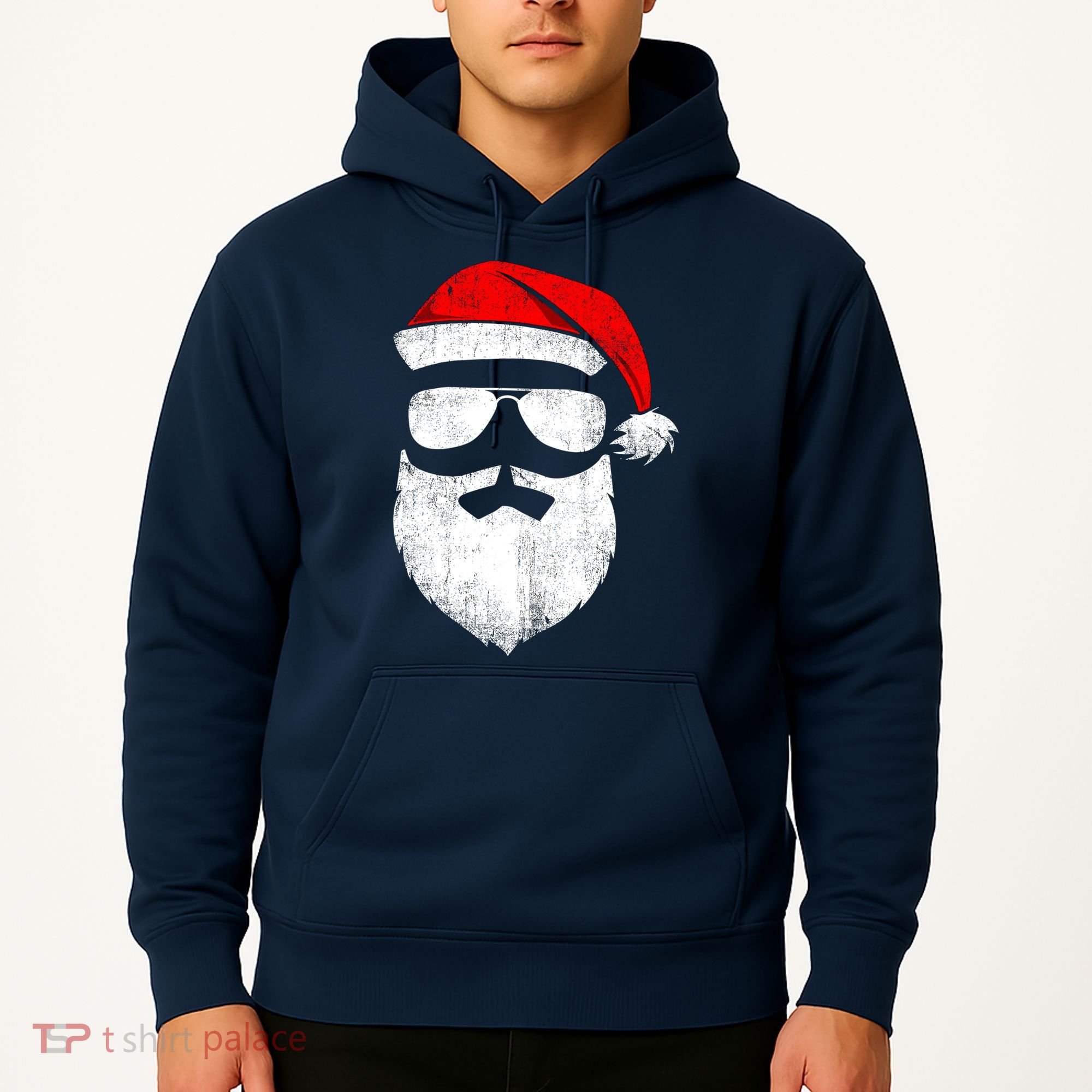 Funny Santa Claus Face Sunglasses With Hat Beard Christmas Hoodie