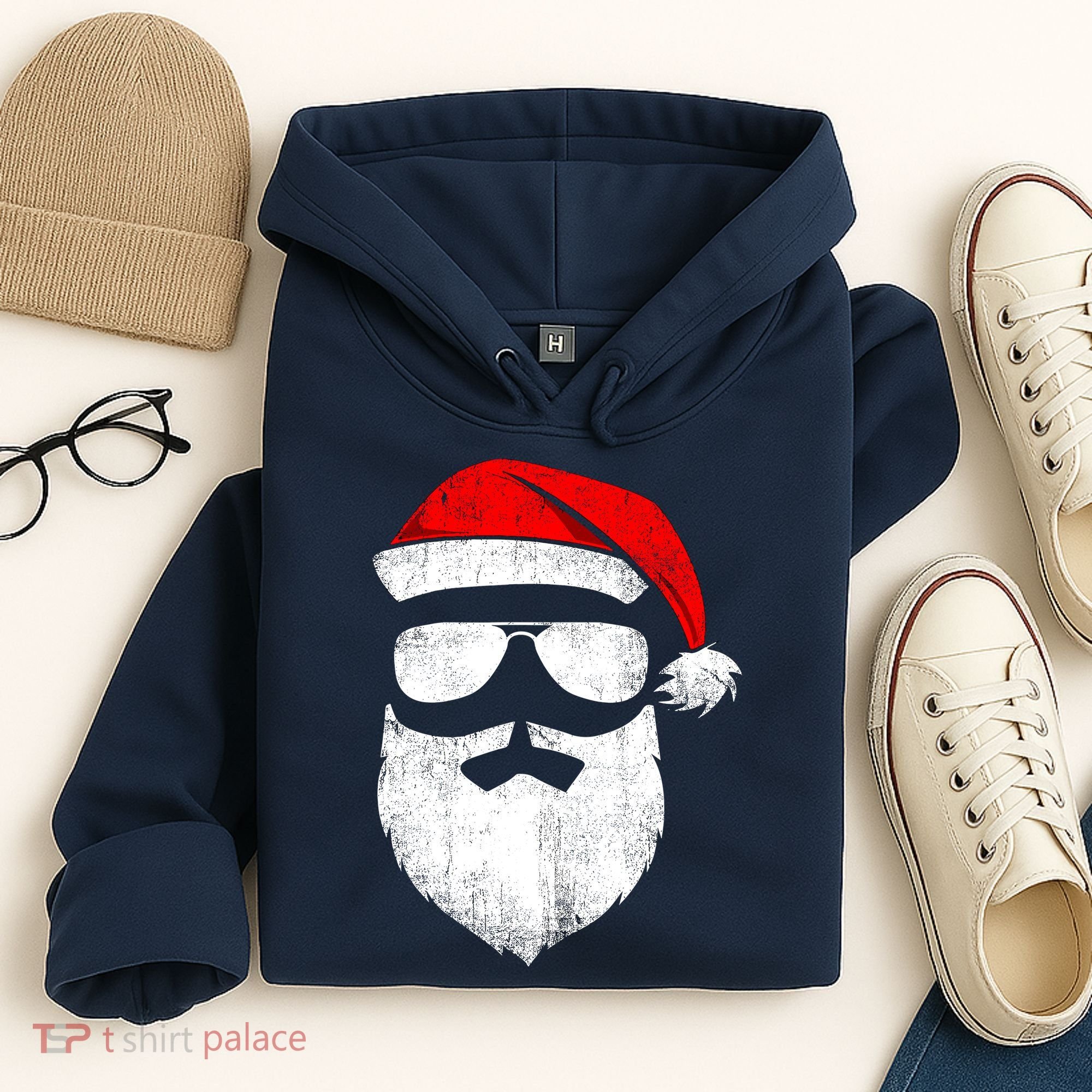 Funny Santa Claus Face Sunglasses With Hat Beard Christmas Hoodie