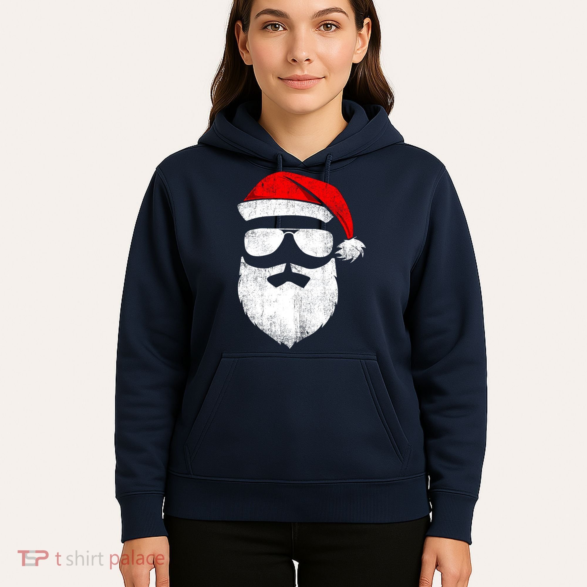 Funny Santa Claus Face Sunglasses With Hat Beard Christmas Hoodie